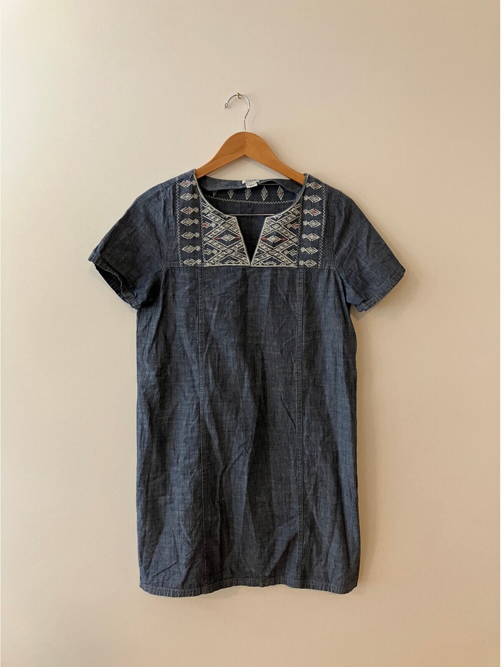 J.Crew Womens S Blue Chambray Shift Dress Embroidered Yoke Cotton Tunic Denim